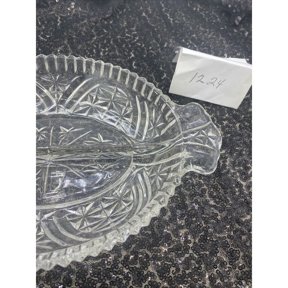 Vintage Crystal Cut Glass Divided Dish Scallop Edge Candy Pickle Trinket 10”x 6” - Picture 3 of 11